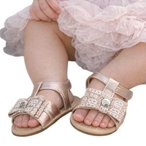bebe Baby Sandals Rose Gold Glitter Bow Self-fastener Flats Infant Size 1